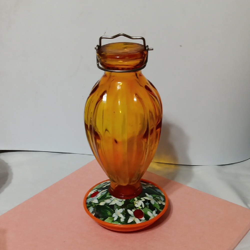 Amber Glass Vase with Floral Base Humming Bird Feeder